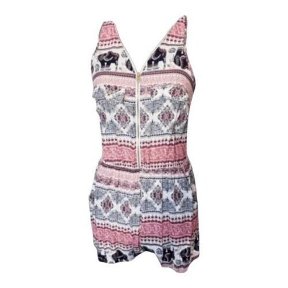 Sleeveless Romper Size M Pink Elephant Print Elastic-Waist 1/2-Zipper Pockets - Picture 2 of 10